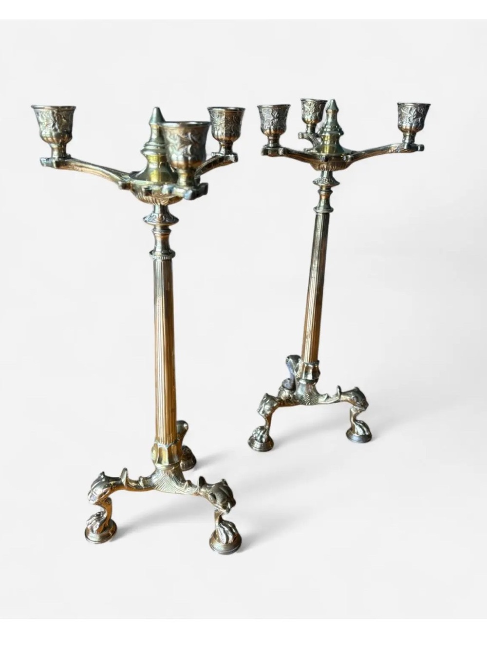 Antique French Renaissance Gothic 19th century 16” Claw Foot 3 Light Candelabras